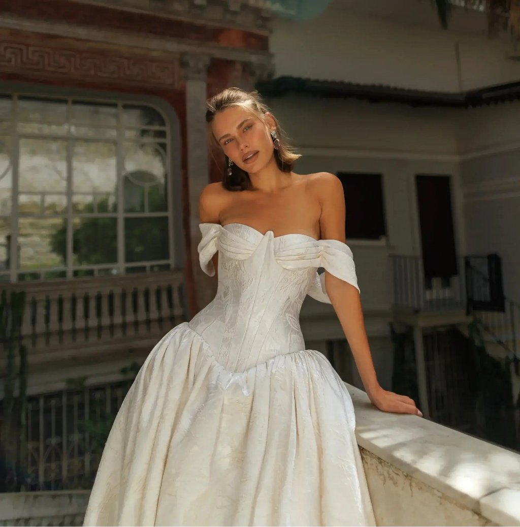 Romantic White Satin Off-the-Shoulder Ball Gown Wedding Dress with Train SW181