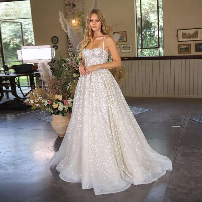 Shiny Wedding Dresses Boho Sweetheart Sequin Spaghetti Strap A-Line Princess Wedding Bridal Gown suknia slubna Hover Image