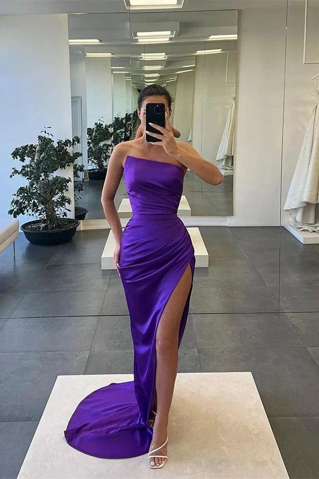 Long Mermaid Strapless Sleeveless Satin Prom Dress with Slit by BIZTUNNEL