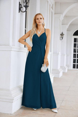 Ladies Chiffon Spaghetti Strap V Neck Front Slit Floor Length Bridesmaid Evening Dress Prom Party Wedding Evening Dress 28116
