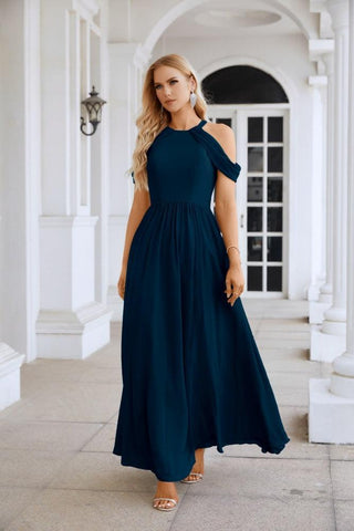 Ladies Chiffon Off Shoulder Swing Sleeve Front Slit Bridesmaid Evening Dress Wedding Party Evening Dress 28117