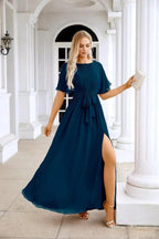Ladies Chiffon Sleeve Crew Neck Front Slit Floor Length Bridesmaid Evening Dress Wedding Party Evening Dress 28124 by numbersea