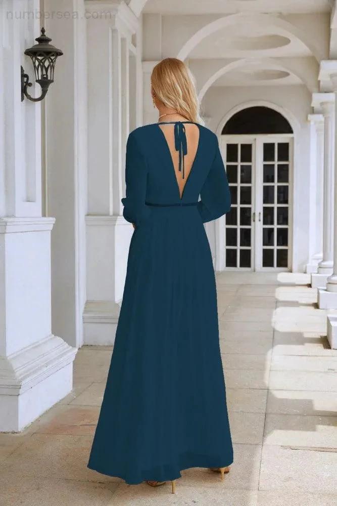 Ladies V Neck Chiffon Long Sleeve Front Slit Bridesmaid Evening Dress Wedding Party Shopping Evening Dress 28109 by numbersea