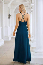Ladies Chiffon Spaghetti Strap V Neck Front Slit Floor Length Bridesmaid Evening Dress Prom Party Wedding Evening Dress 28116 by numbersea