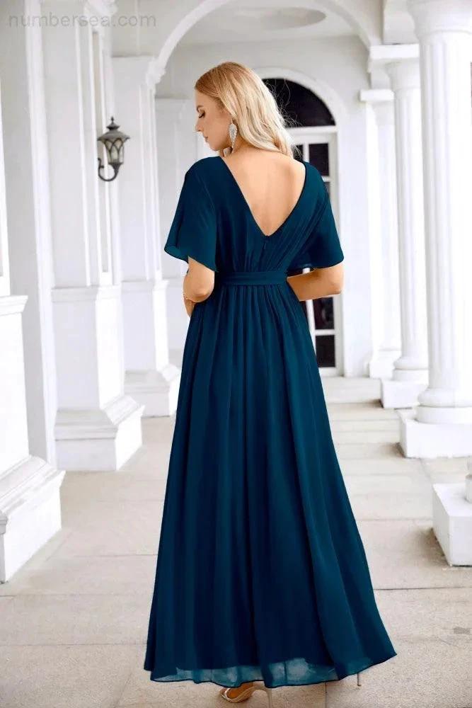 Ladies Chiffon Sleeve Crew Neck Front Slit Floor Length Bridesmaid Evening Dress Wedding Party Evening Dress 28124 by numbersea