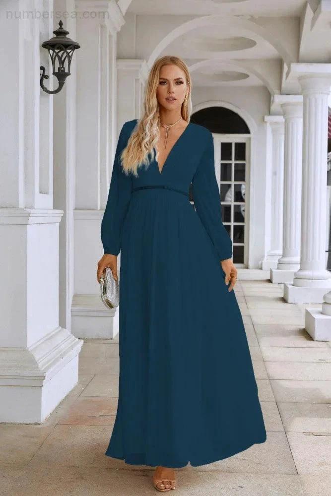 Ladies V Neck Chiffon Long Sleeve Front Slit Bridesmaid Evening Dress Wedding Party Shopping Evening Dress 28109 by numbersea