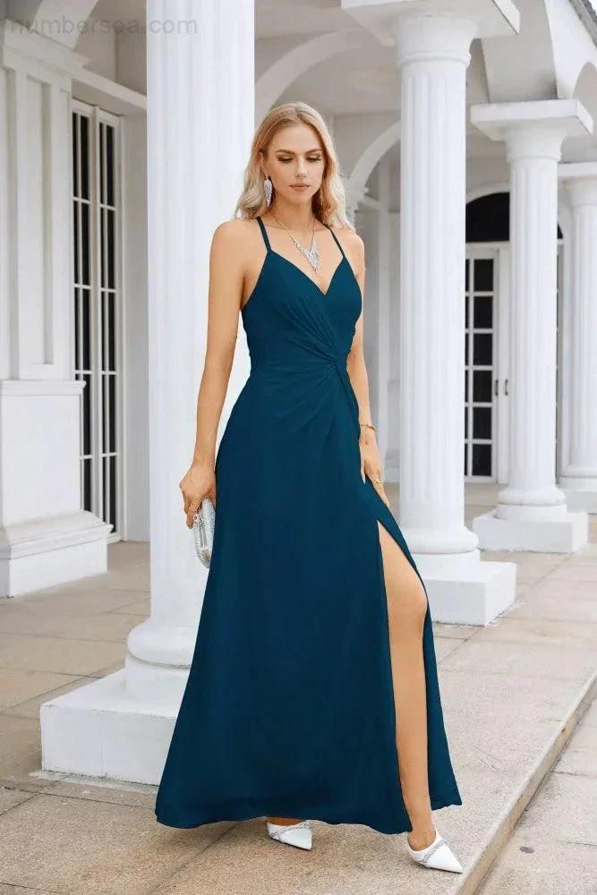 Ladies Chiffon Spaghetti Strap V Neck Front Slit Floor Length Bridesmaid Evening Dress Prom Party Wedding Evening Dress 28116 by numbersea