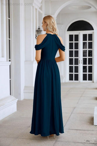 Ladies Chiffon Off Shoulder Swing Sleeve Front Slit Bridesmaid Evening Dress Wedding Party Evening Dress 28117