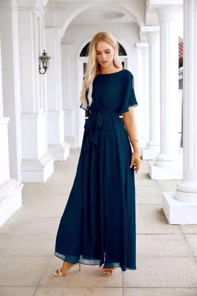 Ladies Chiffon Sleeve Crew Neck Front Slit Floor Length Bridesmaid Evening Dress Wedding Party Evening Dress 28124 by numbersea