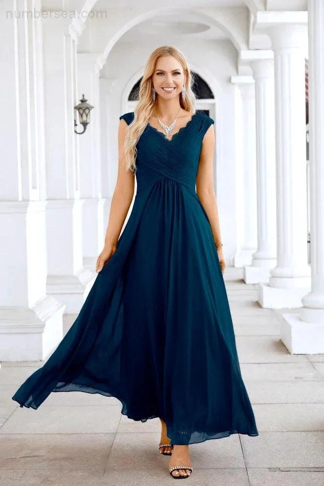Ladies Chiffon V Neck Sleeveless Floor Length Bridesmaid Evening Dress Wedding Party Evening Dress 28126 by numbersea