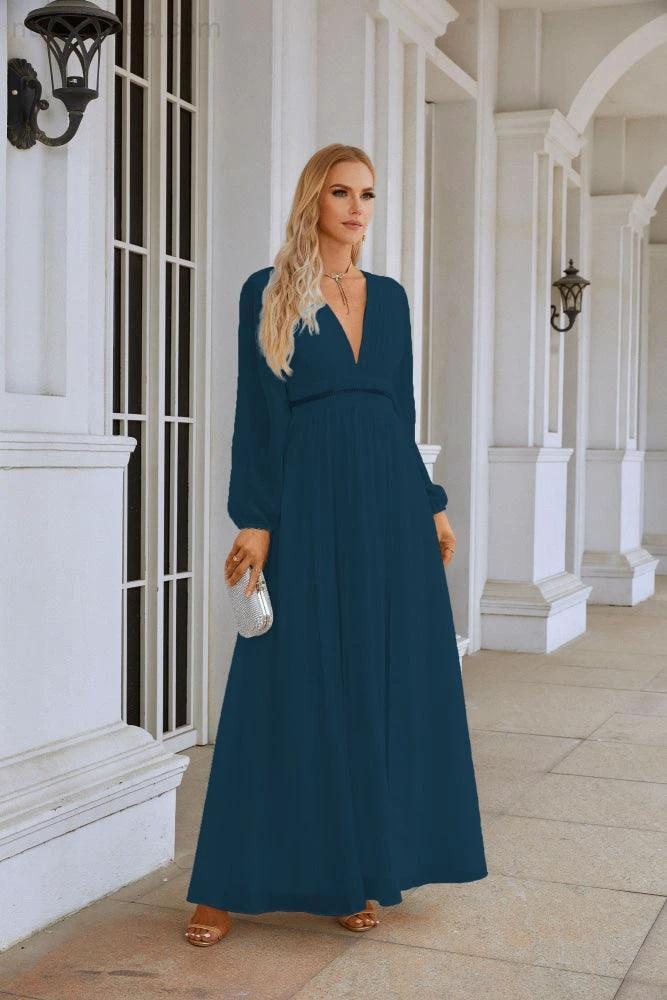 Ladies V Neck Chiffon Long Sleeve Front Slit Bridesmaid Evening Dress Wedding Party Shopping Evening Dress 28109 by numbersea