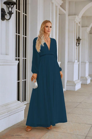 Ladies V Neck Chiffon Long Sleeve Front Slit Bridesmaid Evening Dress Wedding Party Shopping Evening Dress 28109