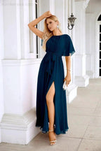 Ladies Chiffon Sleeve Crew Neck Front Slit Floor Length Bridesmaid Evening Dress Wedding Party Evening Dress 28124 by numbersea