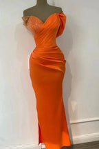 Orange Long Satin Off-The-Shoulder Mermaid Prom Dresses by BIZTUNNEL