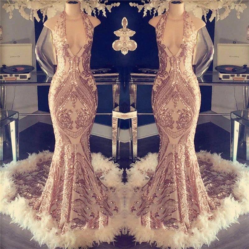 Mermaid Halter Open Back and Feather Detail Long Prom Dress by BIZTUNNEL