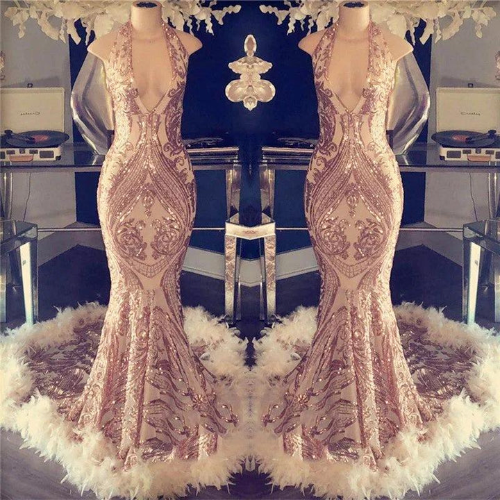 Mermaid Halter Open Back and Feather Detail Long Prom Dress by BIZTUNNEL