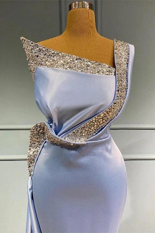 Long Mermaid One Shoulder Sleeveless Satin Beads Prom Dress With Ruffles by BIZTUNNEL