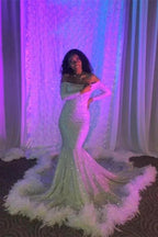Off-the-Shoulder Sequins Mermaid Long Prom Dress With Feather and Long Sleeves by BIZTUNNEL