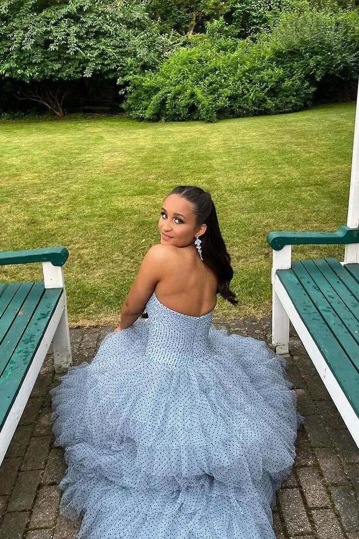 Polka Dot Strapless Ruffle Tiered Prom Gown with Keyholes by KissProm