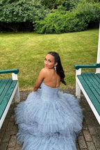 Polka Dot Strapless Ruffle Tiered Prom Gown with Keyholes by KissProm