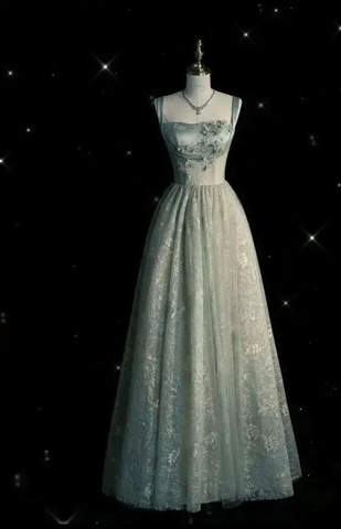 Vestido de fiesta largo de tul con encaje verde salvia, corte A, Y7544