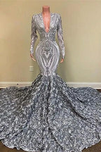 Long Sleeves V-Neck Sequins Lace Mermaid Prom Dress with Flowers Bottom by BIZTUNNEL