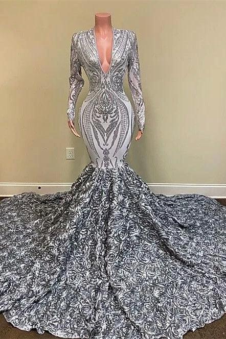 Long Sleeves V-Neck Sequins Lace Mermaid Prom Dress with Flowers Bottom by BIZTUNNEL
