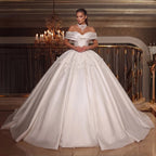 Off the Shoulder White Satin Ball Gown Wedding Dress with Long Cathedral Train SW675