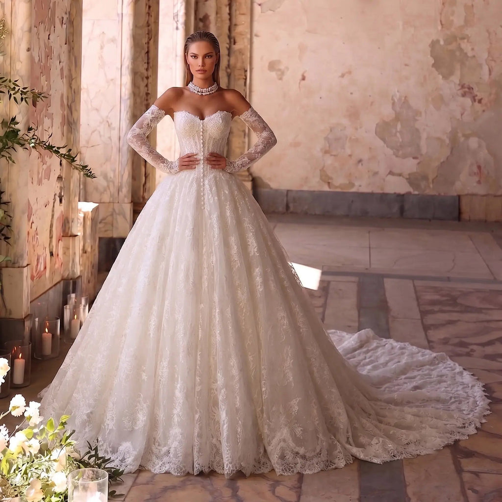 White Floral Lace Ball Gown Wedding Dress with Sweetheart Neckline and Detachable Long Sleeves SW677