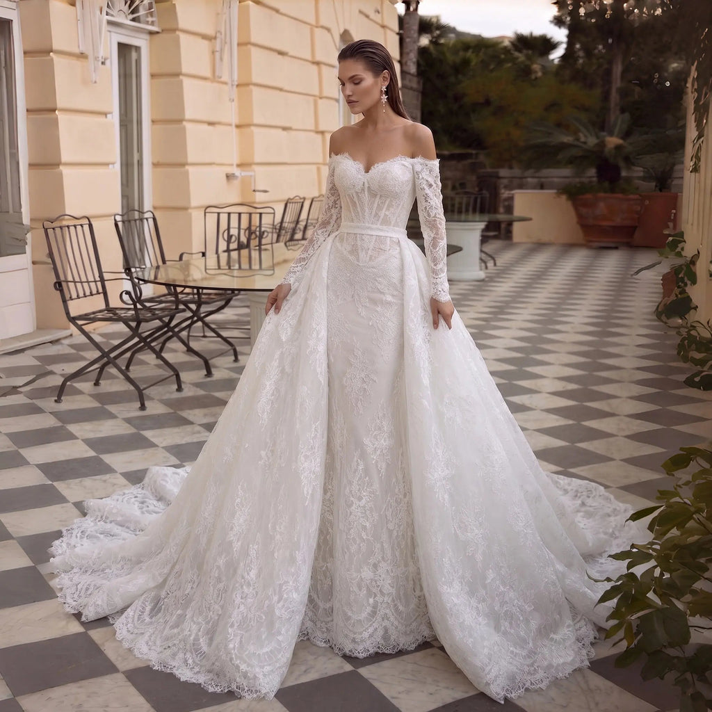 White Lace Mermaid Wedding Dress Off the Shoulder with Detachable Train and Long Sleeves SW678