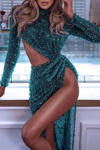 Sexy Long Sleeves Mermaid High Neck Sequined Formal Prom Dresses with Slit by BIZTUNNEL