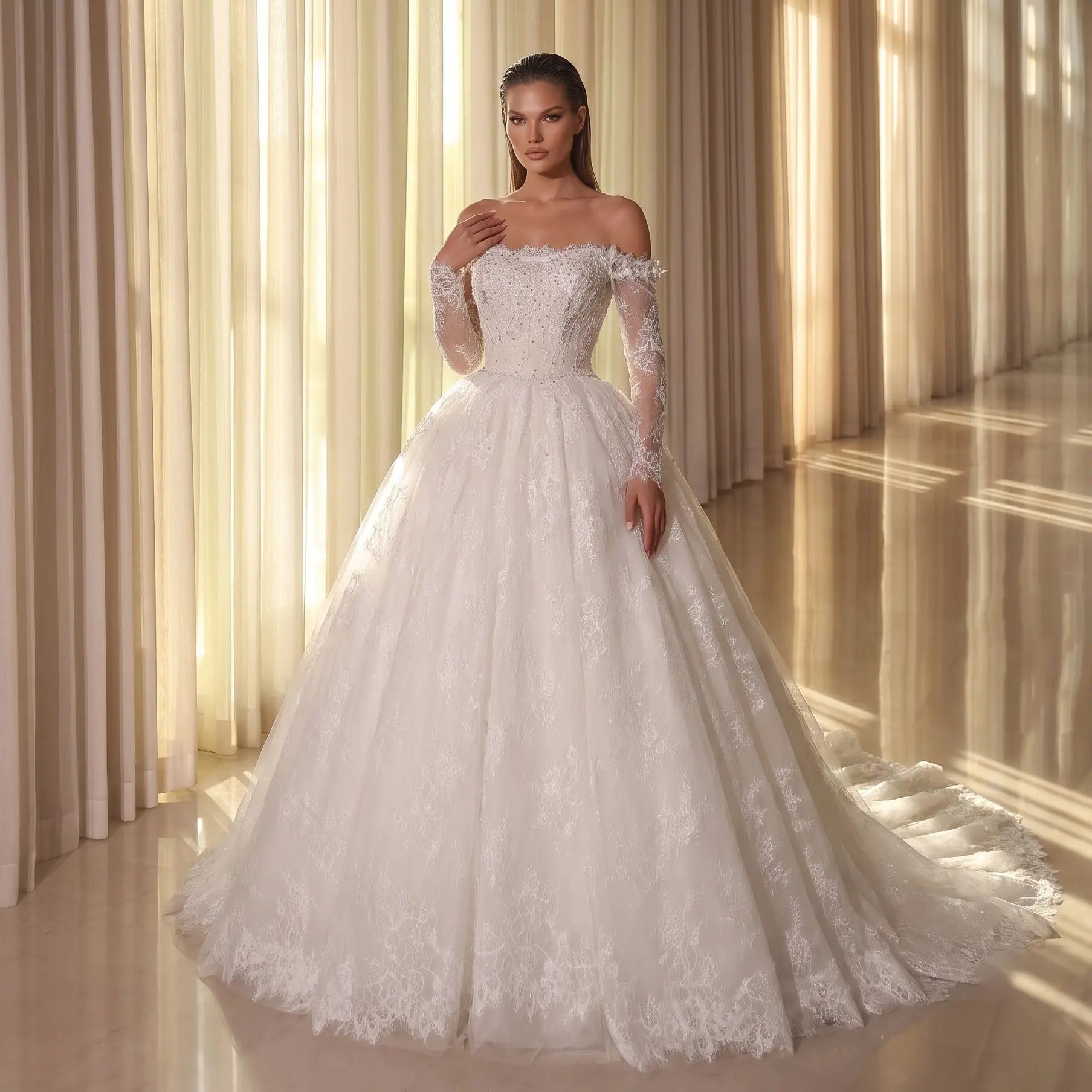 White Lace and Tulle Ball Gown Wedding Dress Off the Shoulder Beaded Bridal Dress SW679