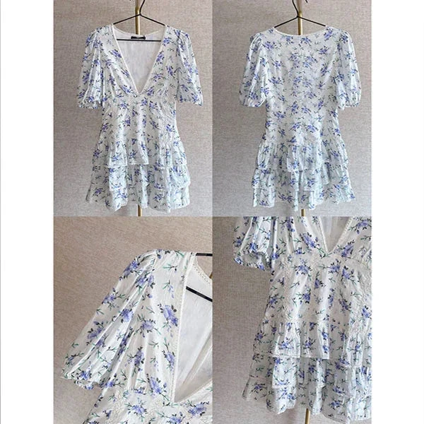 Deep V Neck Floral Dress Cute A-line Homecoming Dress Y2317 by simplepromdress
