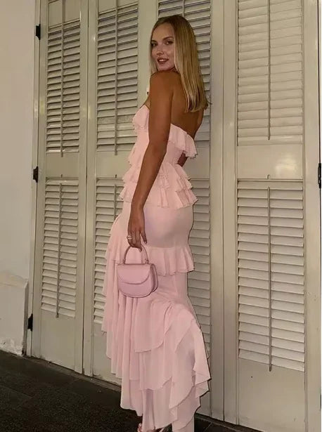 Charming Pink Chiffon Ruffles Tiered Evening Dress Slit Mermaid Prom Party Dress Y8006 by simplepromdress