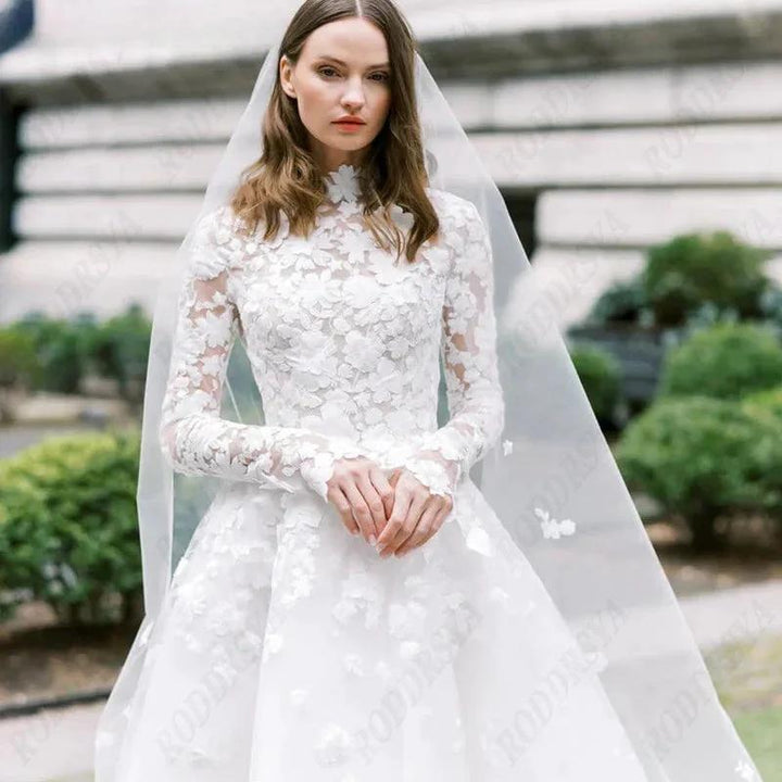 Princess Long Sleeve Wedding Dress For Women Romantic Lace High Neck Bride Party Gorgeous Applique Boho Bridal Gown by payinti