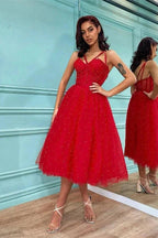 Short Red A-line Sweetheart Tulle Backless Prom Dresses by BIZTUNNEL