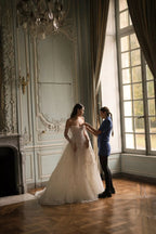 White Sparkly Beaded Corset Tulle Wedding Gown with Long Train SW746