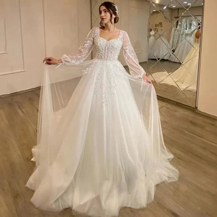 White Wedding Dresses Sweetheart Shiny Appliques Grace Bridal Gowns 2023 Puff Sleeve Tulle A-Line Princess Robe De Marié by payinti