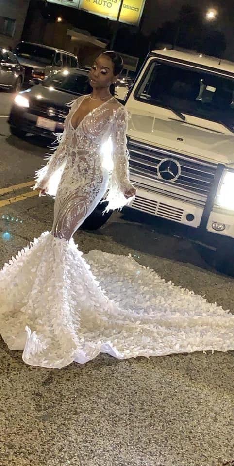 Long Sleeves Sexy Sequins V-Neck Mermaid Prom Dress with Applique by BIZTUNNEL