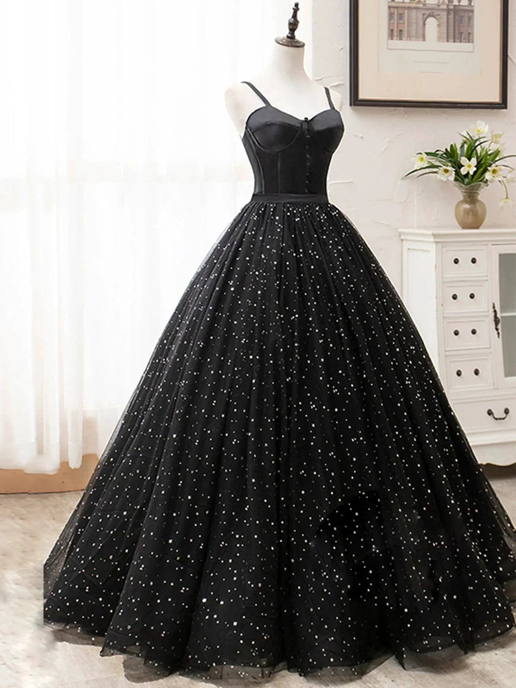 V Neck Glitter Black Long Prom Dress by KissProm