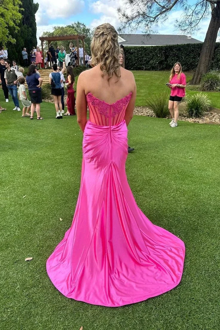 Charming Strapless Burgundy Lace Appliques Long Prom Dress Slit Mermaid Evening Gown Y7883 by simplepromdress