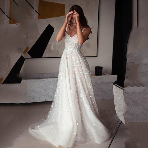 Bohemian V-Neck Wedding Dresses For Bride Spaghetti Straps A-Line Bridal Gowns Sexy Sleeveless Zipper Up Vestido De Noiva