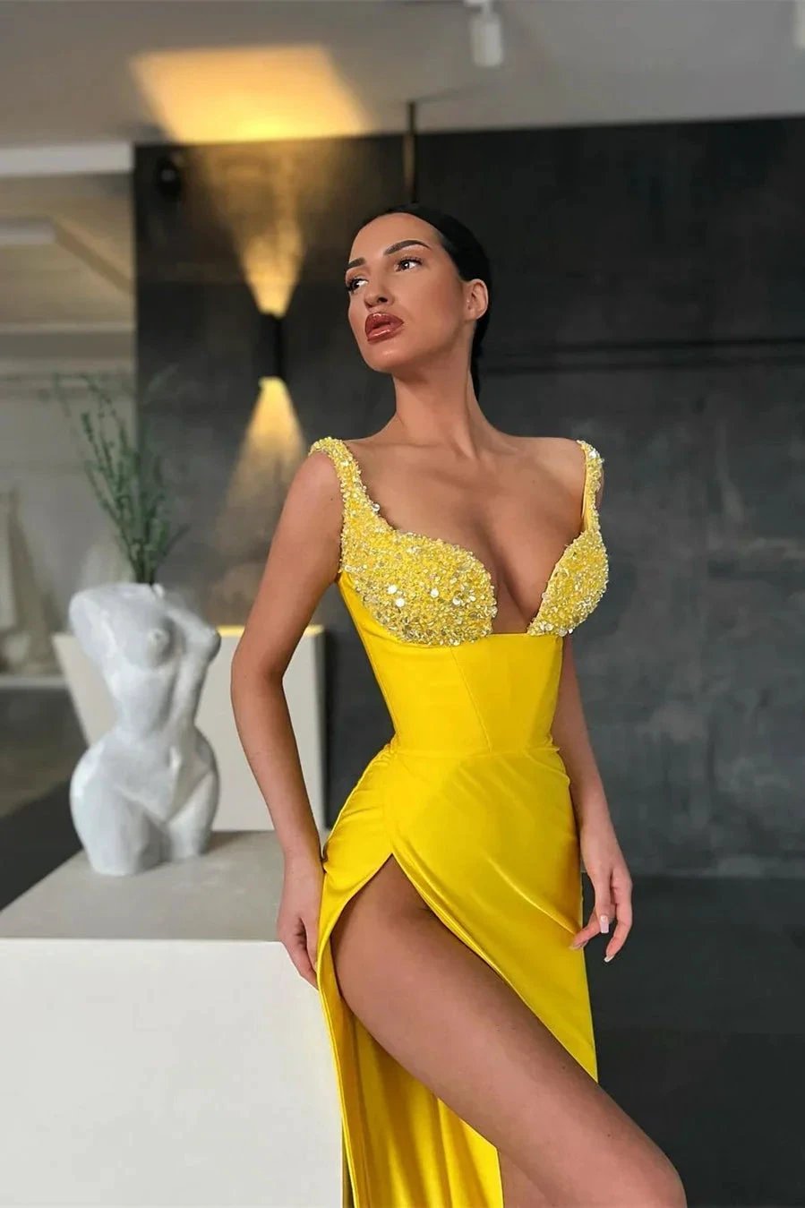Sweetheart Yellow Mermaid Prom Dress with Slit and Beads by BIZTUNNEL