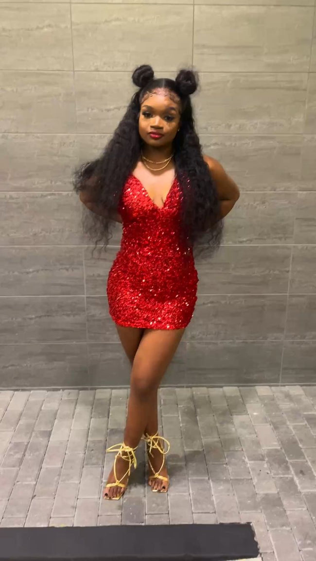18th Birthday Outfit Red Sequins V Neck Homecoming Dress For Black Girls Y324 Hover Image