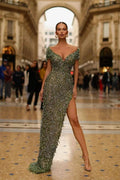 Off The Shoulder V-neck Mermaid Prom Dress with High Slit and Sequins by BIZTUNNEL