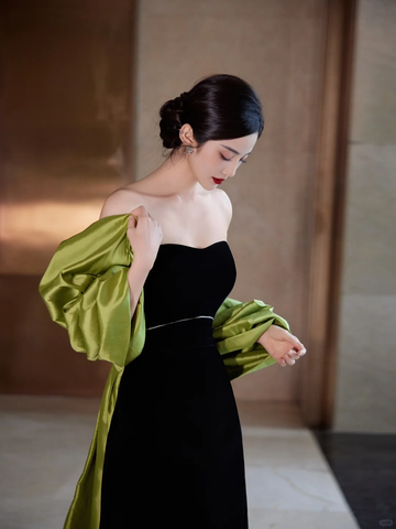 Pretty Black Strapless Satin Long Prom Dress Evening Dress With Bow Y8594