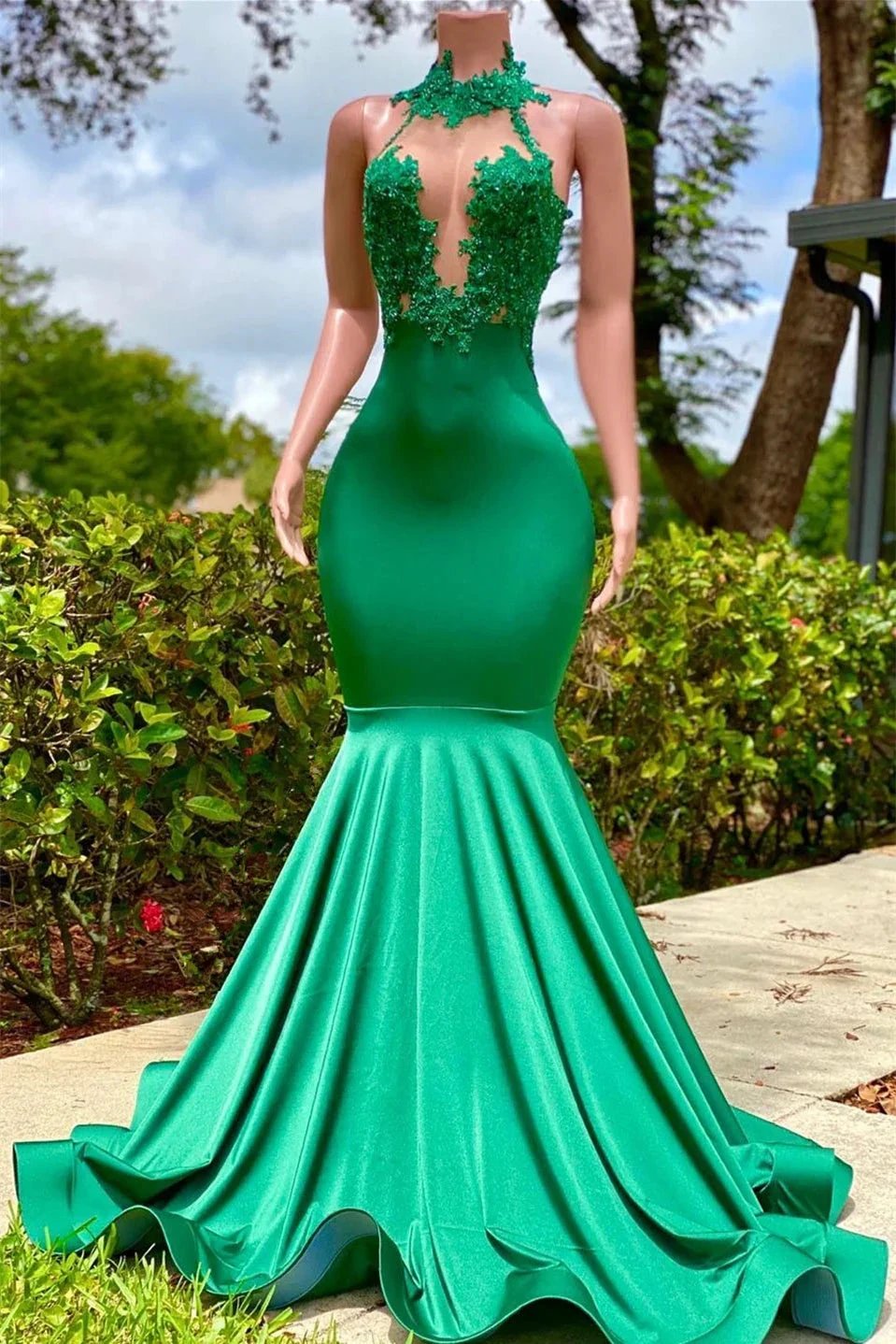 Sleeveless Mermaid Prom Dress with Open Back and Elegant Appliques by BIZTUNNEL