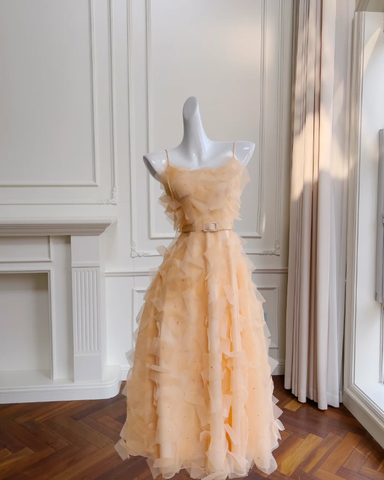 Chic Orange Spaghetti Straps Tulle A Line Party Dress Midi Prom Evening Dress Y8573