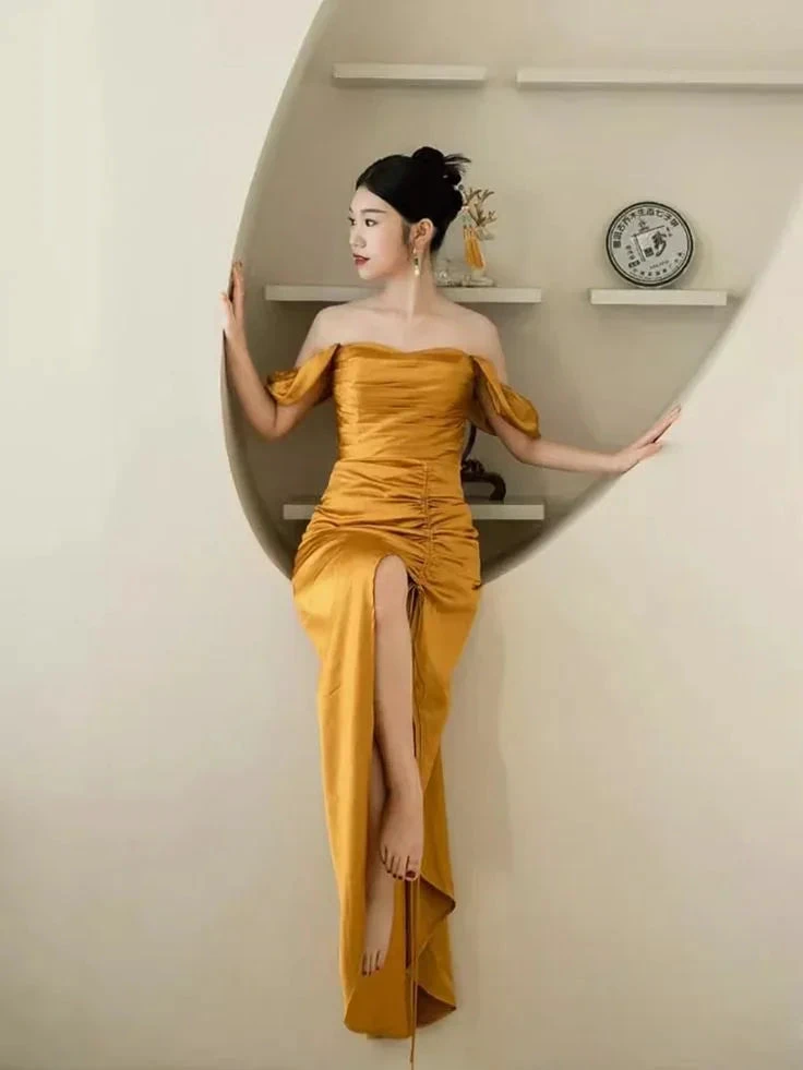 Sheath Off The Shoulder Yellow Pleated Prom Dress Slit Evening Dress Y7598 by simplepromdress