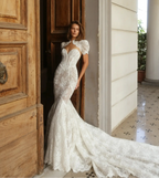 Vintage Ivory Lace High Neck Puff Sleeve Backless Mermaid Wedding Dress SW180